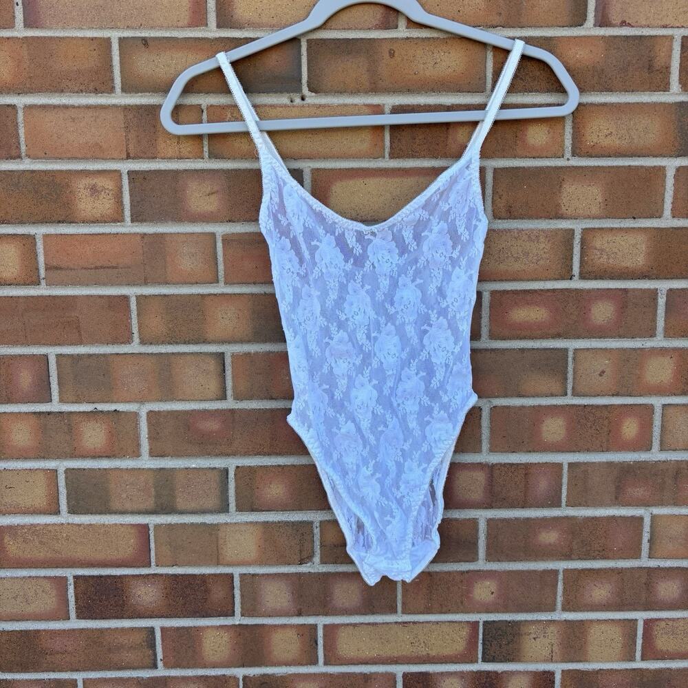 Vintage Christian Dior Intimates Nylon Sheer Floral Lace Lingerie Bodysuit White